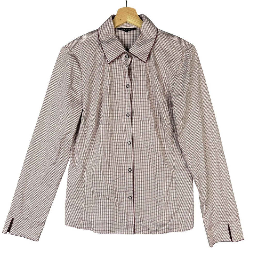 Lafayette 148 New York Gingham Snap Front Long Sleeve Blouse Burgundy White 6